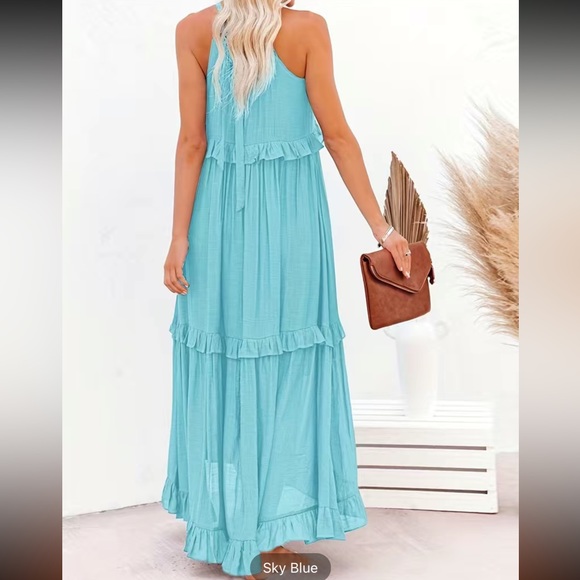 #138 Tiered Ankle Tank Dress, Vocation Backless Halter Neck Dress with Pockets - Picture 6 of 16